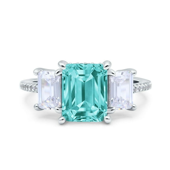 Three Stone Radiant Cut Ring Paraiba Tourmaline CZ 925 Sterling Silver Size 5