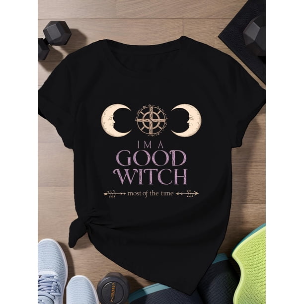 Helloween T-shirt - Women'S Witch Mysterious Celestial Graphic T-Shirt - Black Short Sleeve Crew Neck Tee with Crescent Moon & Sun Design, Casual Style for Casual Attire, Casual Wear Tee for Hall