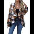 thumbnail image 3 of Chaqueta de Solapa A Cuadros con Abertura Frontal para Mujer, Camisas de Larga para Mujer, Chaquetas Ligeras Informales para Otoño. Café XXL, 3 of 9