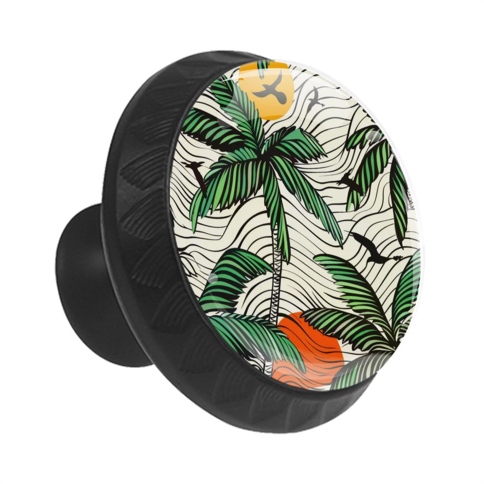 12 Pack Cupboard Knobs Crystal Clear Glass Cabinet Pulls, Round Knobs With Screws, Dresser Drawers Wardrobe Furniture Knobs Hand Drawn Palm Trees Ocean Waves Pattern