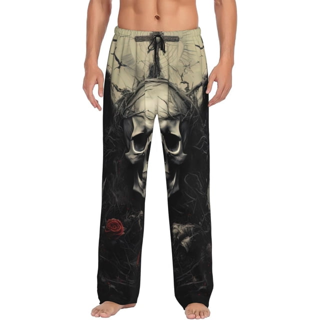 Fotbe Vintage Winged Rose Skull Pantalones de Pijama para Hombre, Pantalones de Dormir, Pantalones de Casa con Cintura Ajustable y Bolsillos-Large
