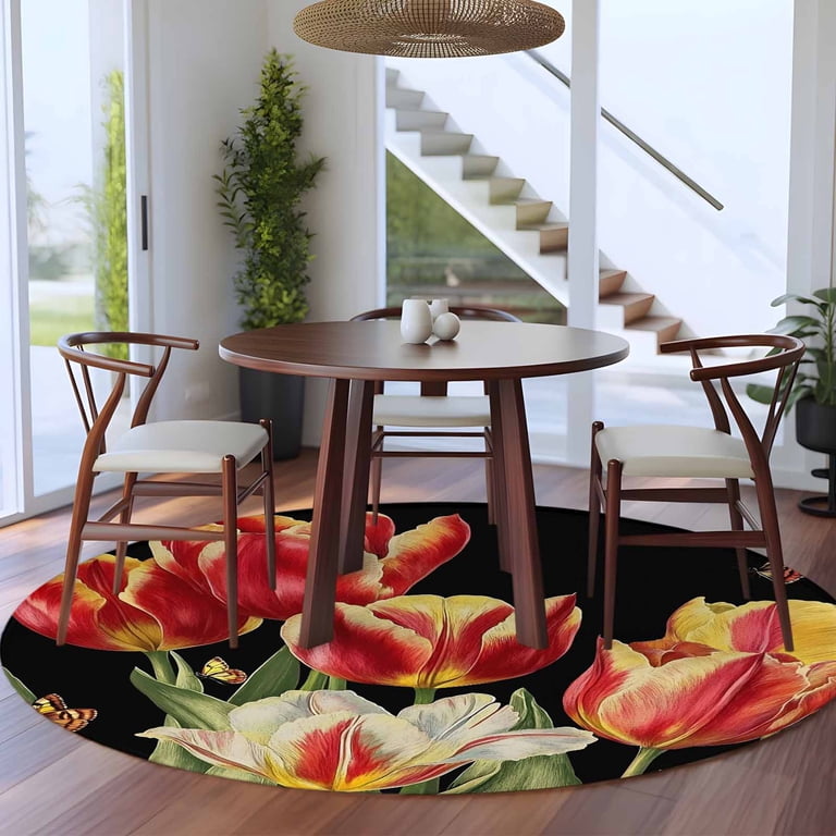 USA RUG / チューリップ柄 7ft Round Rug Luxury Tulip Floral Area Rugs for Living Room