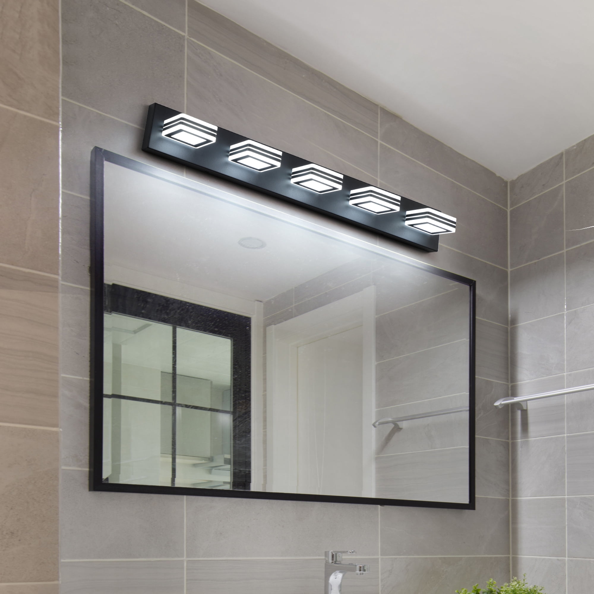 Leumius 32" Modern 5-Light LED Vanity Light, Square Acrylic Lampshades Wall Mount Fixture for Mirror, Bathroom, Bedroom and Hallway Black