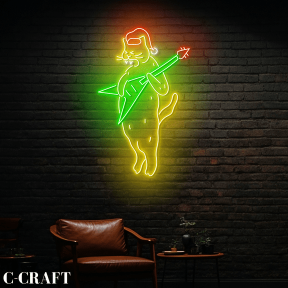 C-CRAFT Santa Cat Guitarist Neon Led Light Wall Art for Christmas Cat Shop Decor