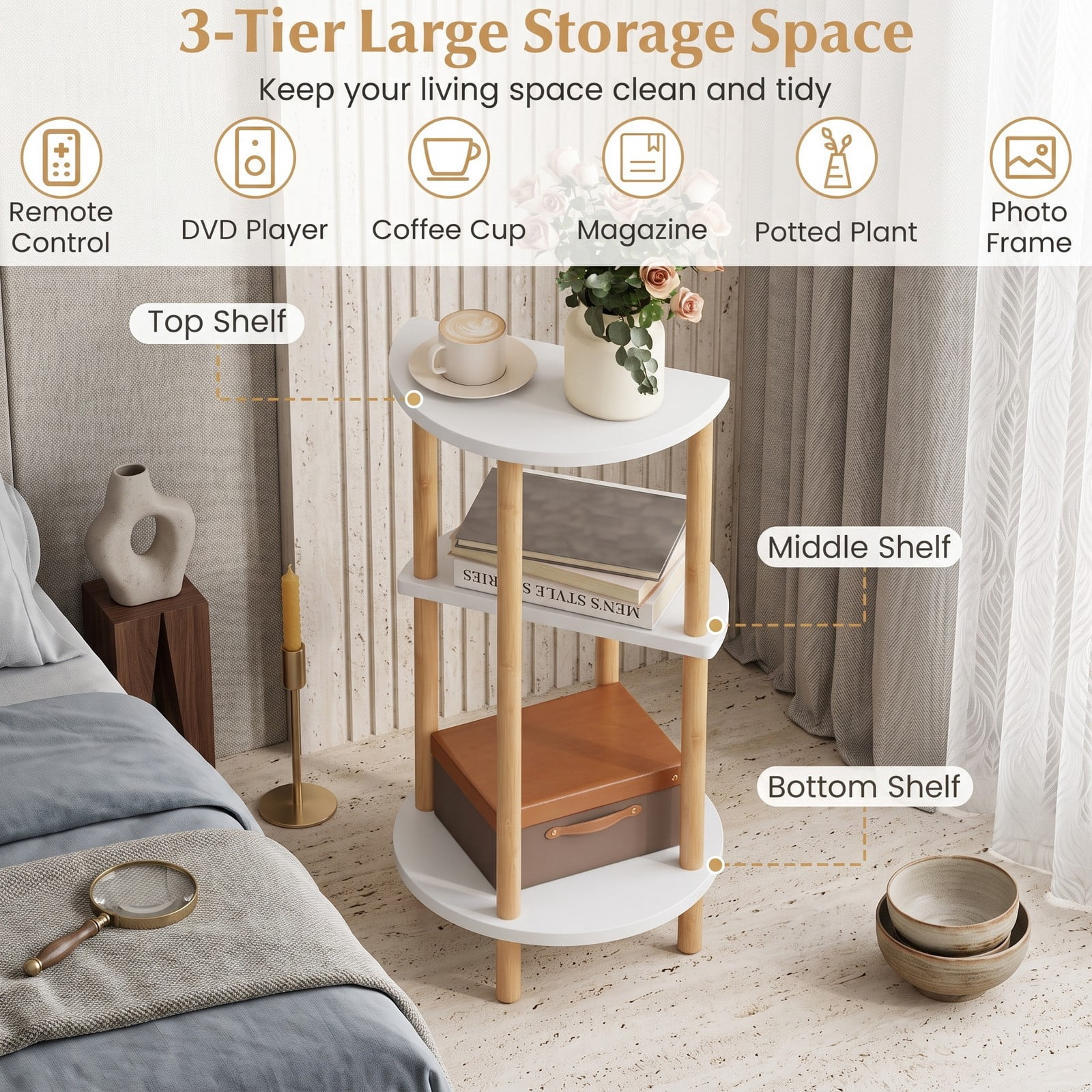 Furnibear Set of 2 Round Bamboo Side Tables, 3-Tier End Table with Open Storage Shelves, Compact Nightstand Sofa Accent Table for Living Room Bedroom Study, White