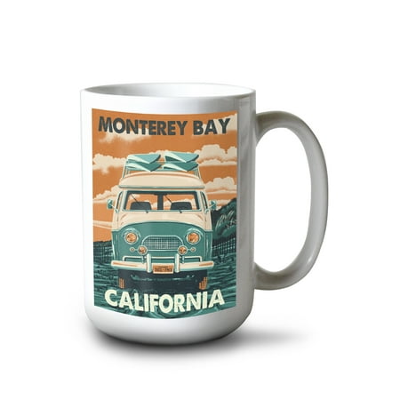 

15 fl oz Ceramic Mug Monterey Bay California Letterpress Camper Van Dishwasher & Microwave Safe