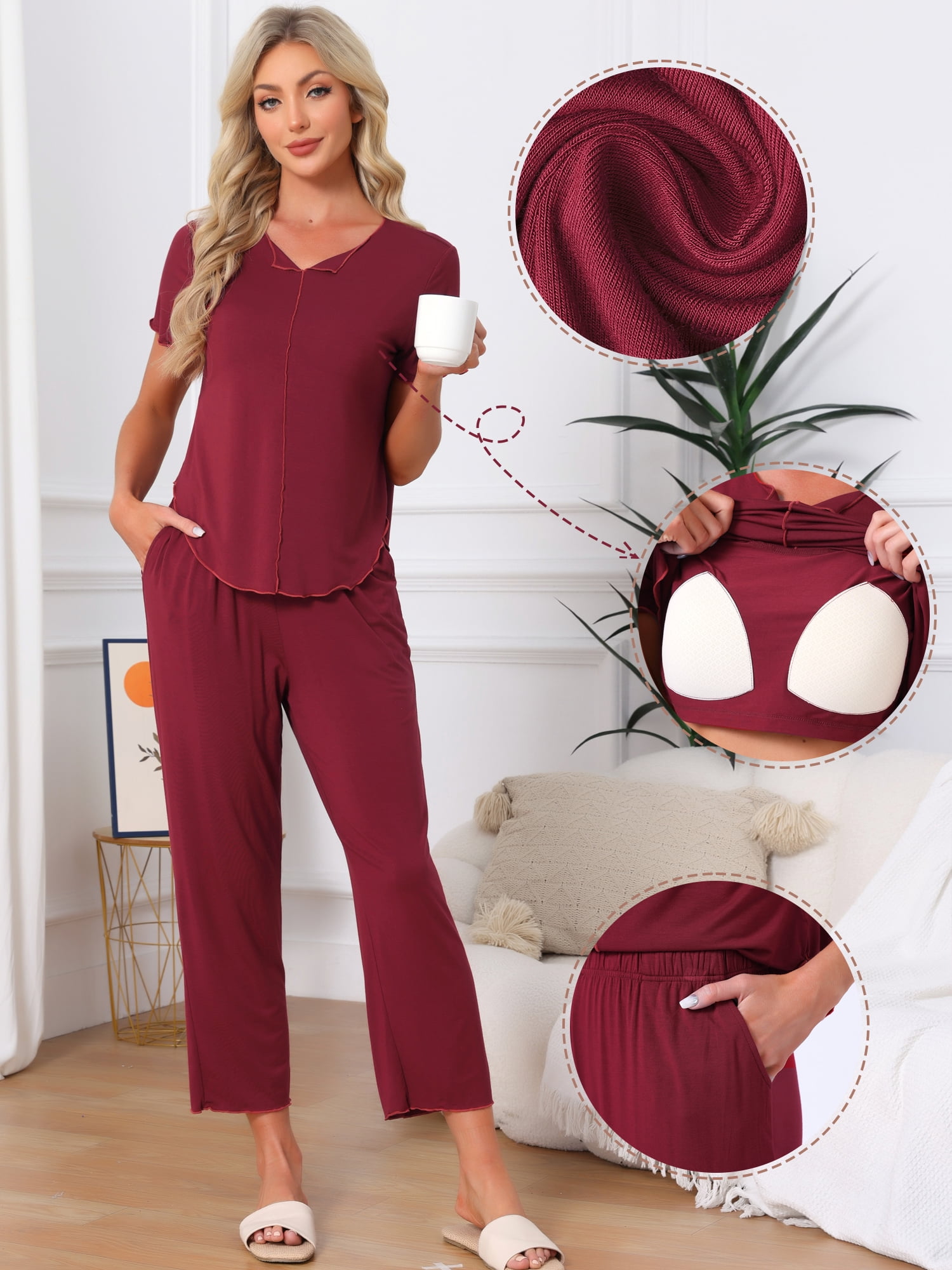 DARING DIVA Women's Pajama Sets Sleepwear Built-in Shelf Bra Short Sleeve Tops XL Red
