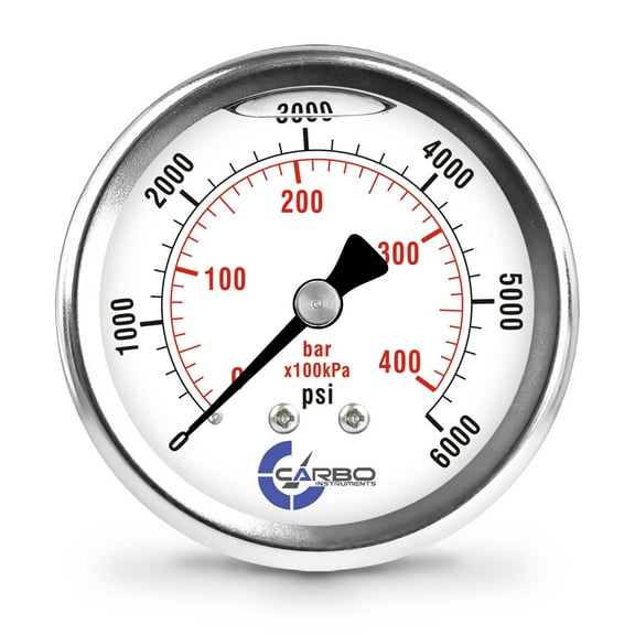 CARBO Instruments 2 1-2" Pressure Gauge, Stainless Steel Case, Chrome Plated Brass Connection, Lqiuid Filled, 0-6000 psi/kPa, Back Mount 1/4" NPT