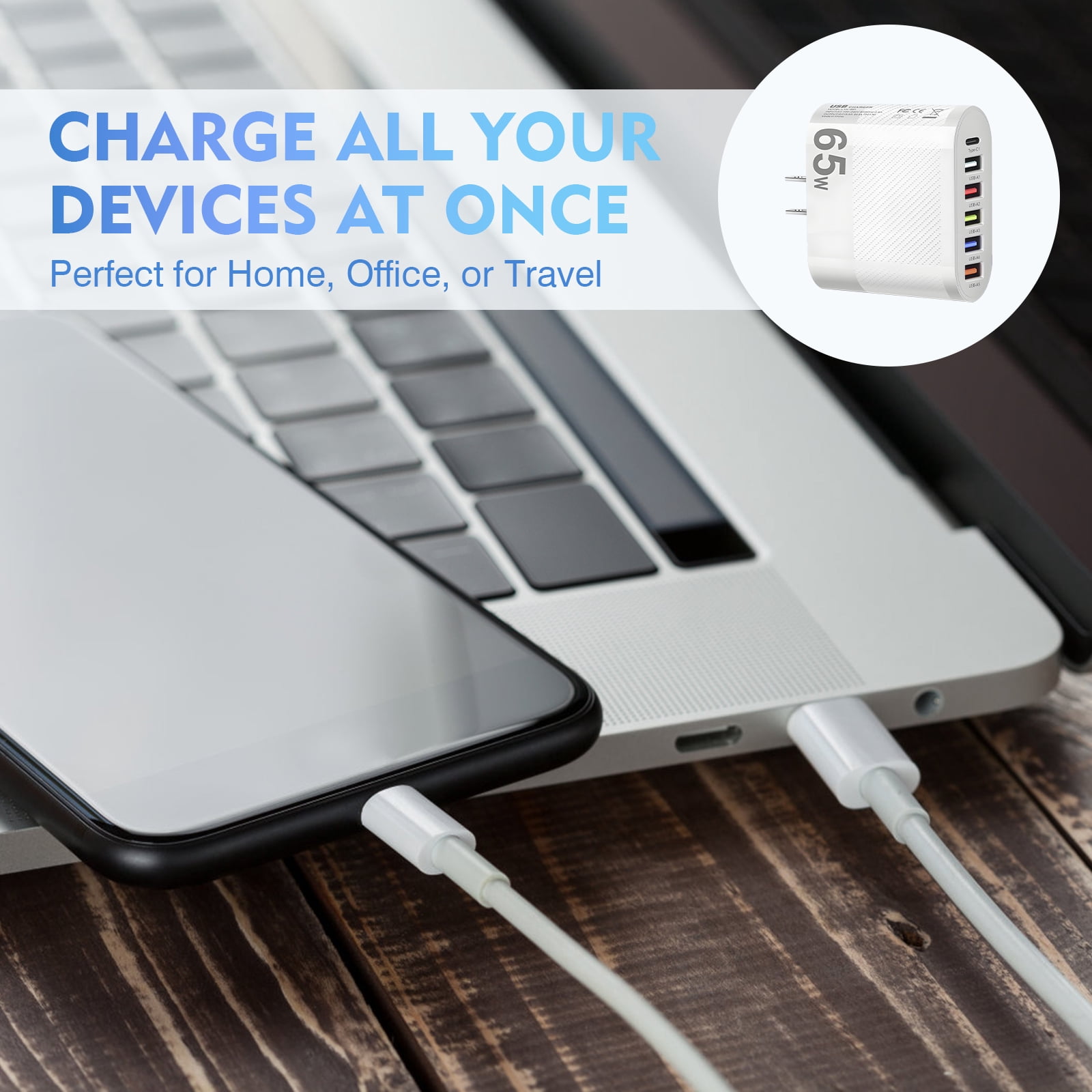 SPOKKI 2-Pack 65W USB C Fast Charger Block with 6 Ports & 3-in-1 Charging Cable, PD GaN Wall Charger Adapter for iPhone 15/14/Pro, Samsung Galaxy, iPad, MacBook, Laptop