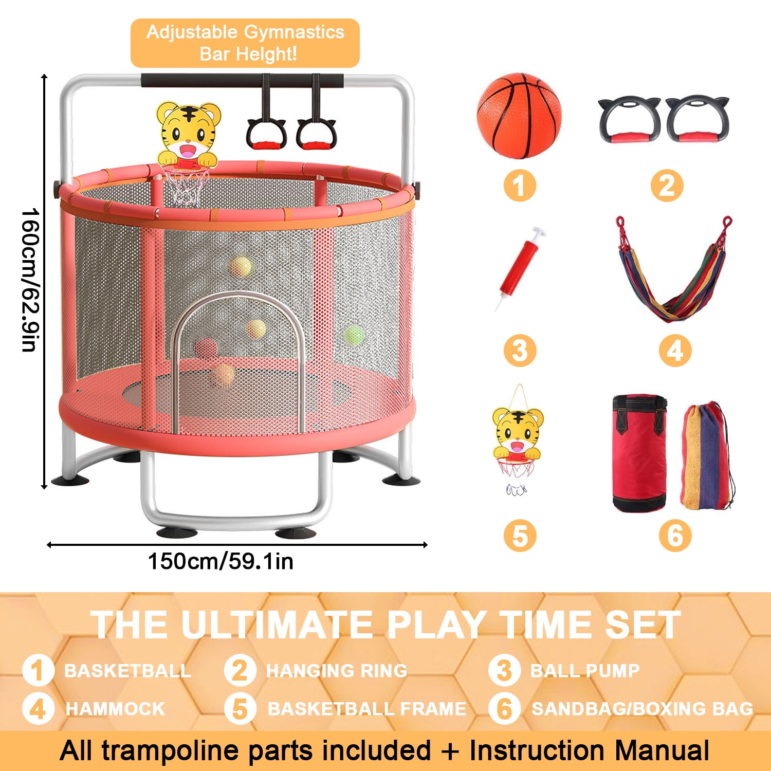 Yedigre 60 Inch Kids Trampoline with Enclosure Net & Gymnastics Bar – Indoor Trampoline for Ages 3-8 with Basketball Hoop, Swing & Sandbag