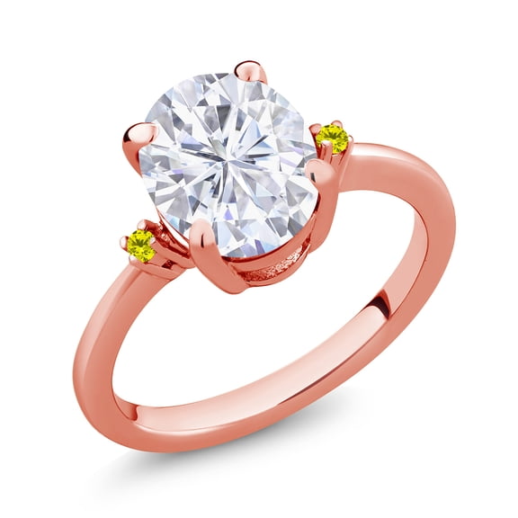 Gem Stone King 18K Rose Gold Plated Silver White Moissanite and Canary Diamond 3 Stone Ring for Women (3.03 Cttw, Oval 10X8MM, Gemstone Birthstone, Size 8)