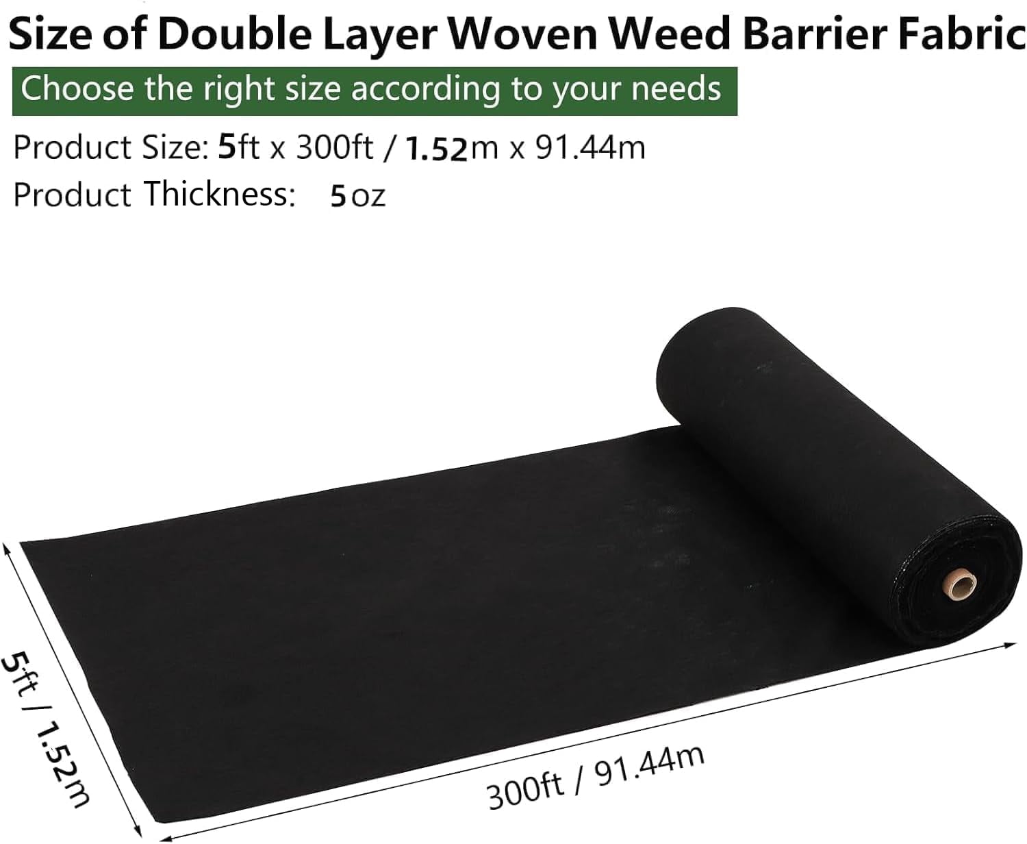 Wildbreak Weed Barrier Fabric 5' x 300', 5.0 oz Double Layer for Garden Beds & Landscaping, Black