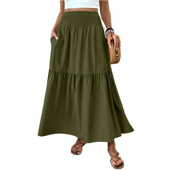 WTOBBY Women's Solid Color A-Line Pocket Skirt Elastic Waist Pleated Maxi Skirt Casual Summer Beach Skirt with Contrast Splicing Panel and Drawstring Waist,Army Green L
