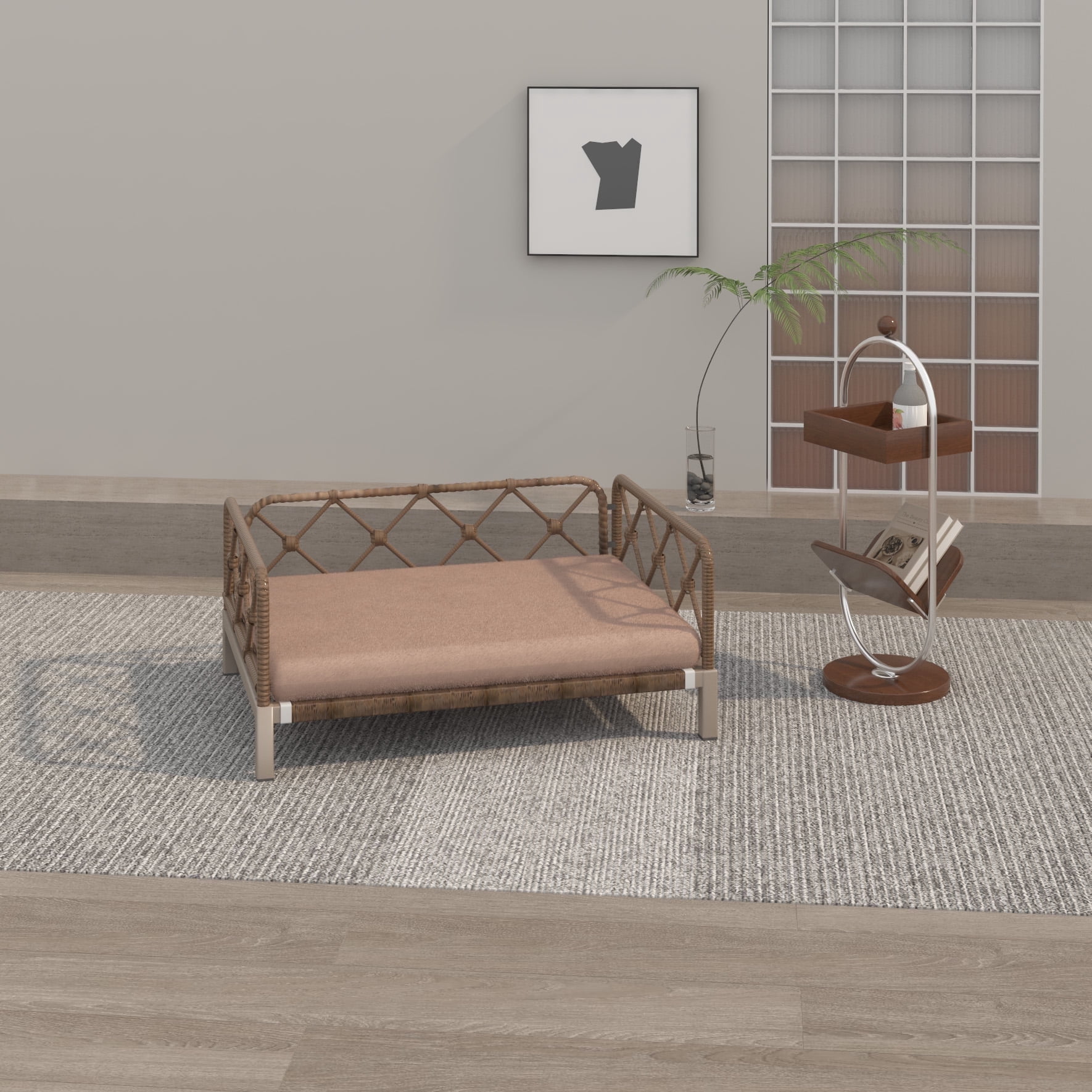Wallowsun Dual Purpose Wicker Dog Bed with 2'' Cushion,Rattan Dog Sofa Bed for Small Medium Dogs– Indoor/Outdoor Metal Frame Pet Bed up 66lbs (Brown Rattan Brown Cushion)