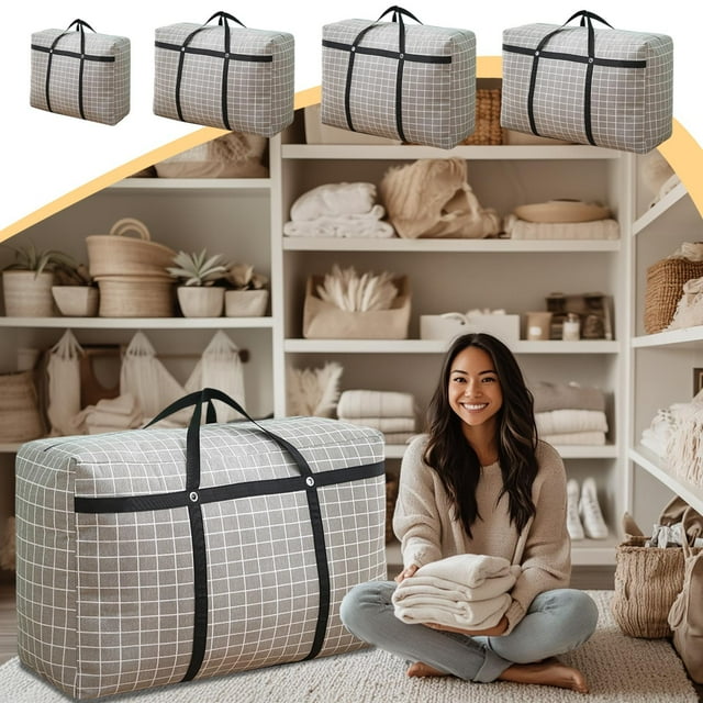 Large Storage Bag for Clothes - Woven Travel Organizer with Compression for Suitcases and Home
