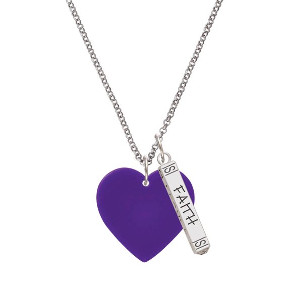 Delight Jewelry Acrylic 1" Purple Heart Silvertone Believe Faith Prayer Hope Bar Charm Necklace, 23"