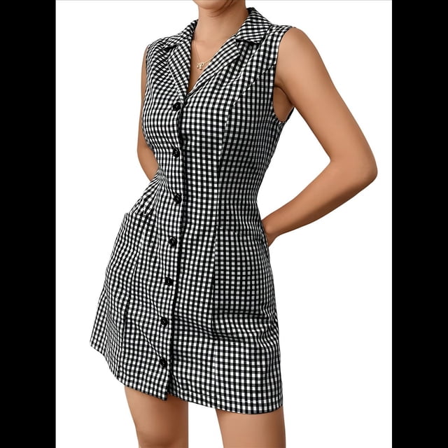 Vestidos Cortos con Botones para Mujer, Sin Mangas, Corte A, con Bolsillo. Rejilla Negra XL