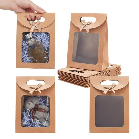 12 Pcs Kraft Paper Bags with Window 2.8x7.8x7.7 Stand Up Gift Bag with Handles Brown Gift Bag with Clear Window for Candy Cookies Packaging Wedding Christmas Party Store Retail Tan Brown