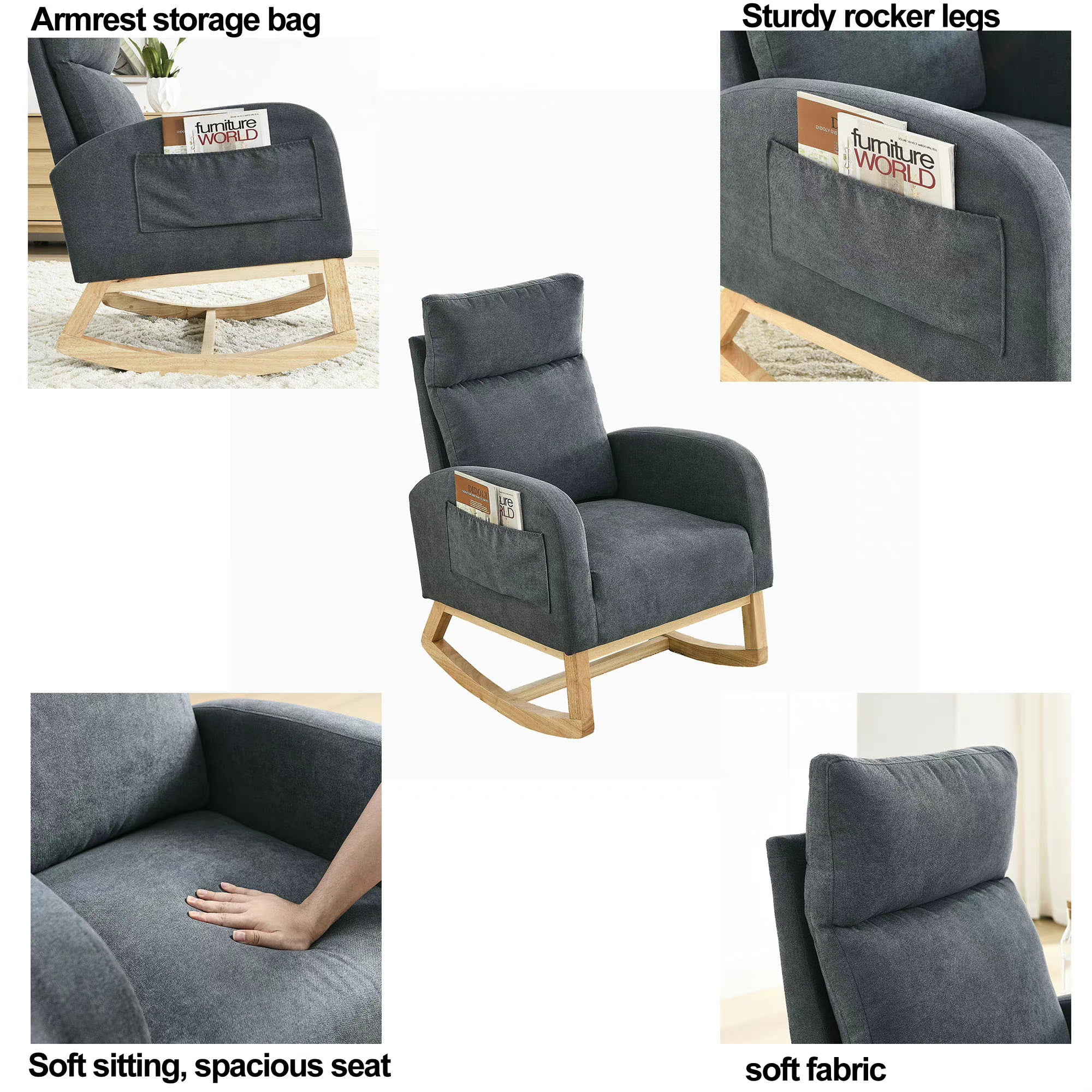 Onbeam Rocking Chair for Nursery - Living Room Lounge Armchair with Side Pockets - Dark Gray Fabric