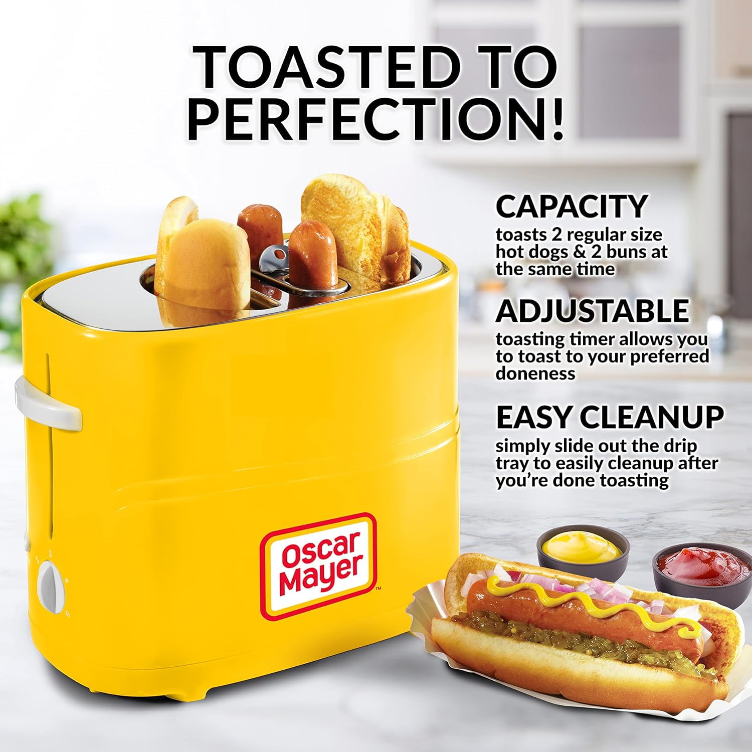 Nostalgia 2-Slot Oscar Mayer Bun and Hot Dog Toaster with Removable Hot Dog Cage and Mini Tongs, Yellow