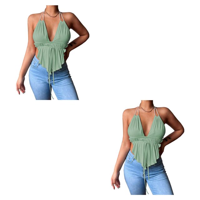 Chaleco sexy cuello en V profundo Qarigey correa de Espagueti espalda descubierta Crop Top verano señora