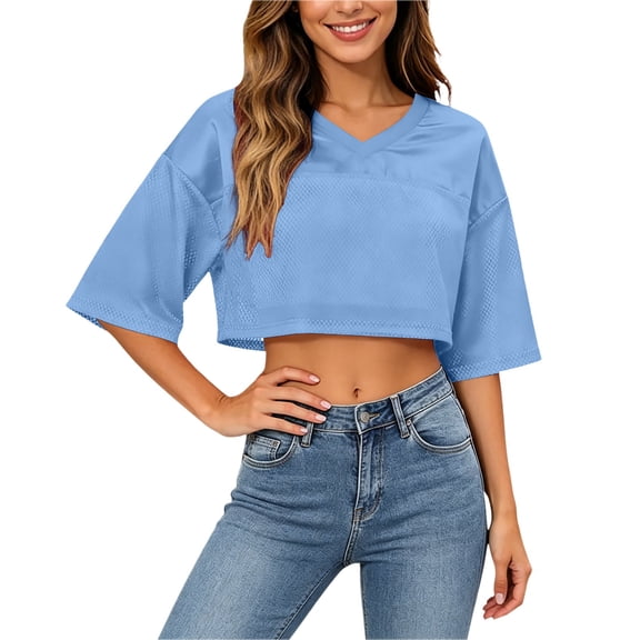 Women's T Shirts Short Sleeve Tees Solid Color V Neck Crop Athletic Shirts Tops