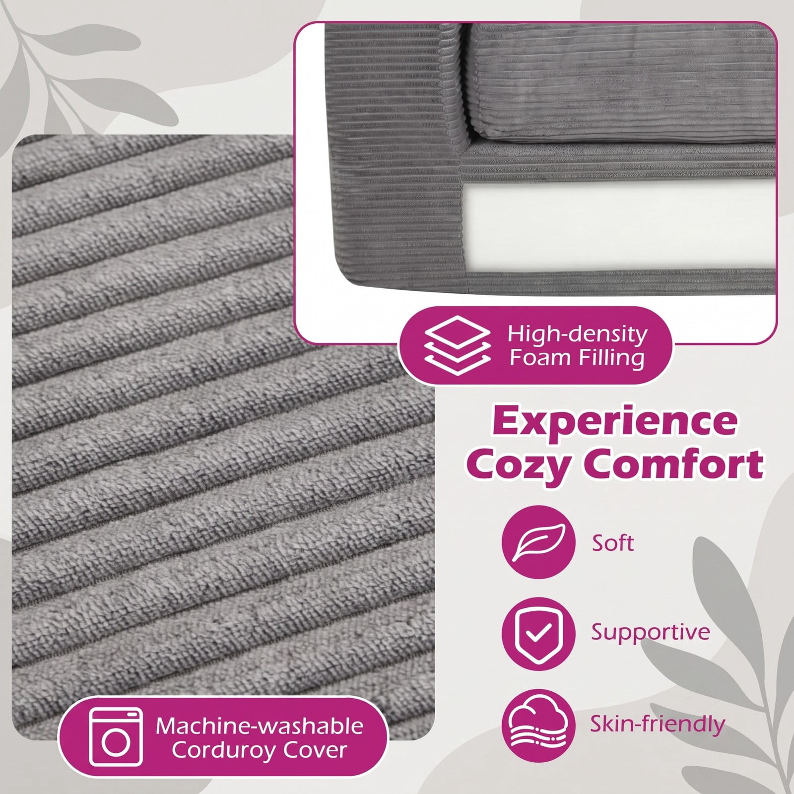 Furnibear 2-Seater Floor Couch Loveseat, Convertible Foam Sofa Lazy Couch with Removable Corduroy Cover, High-Density Sponge Filled Sofa Bed for Living Room, Gray