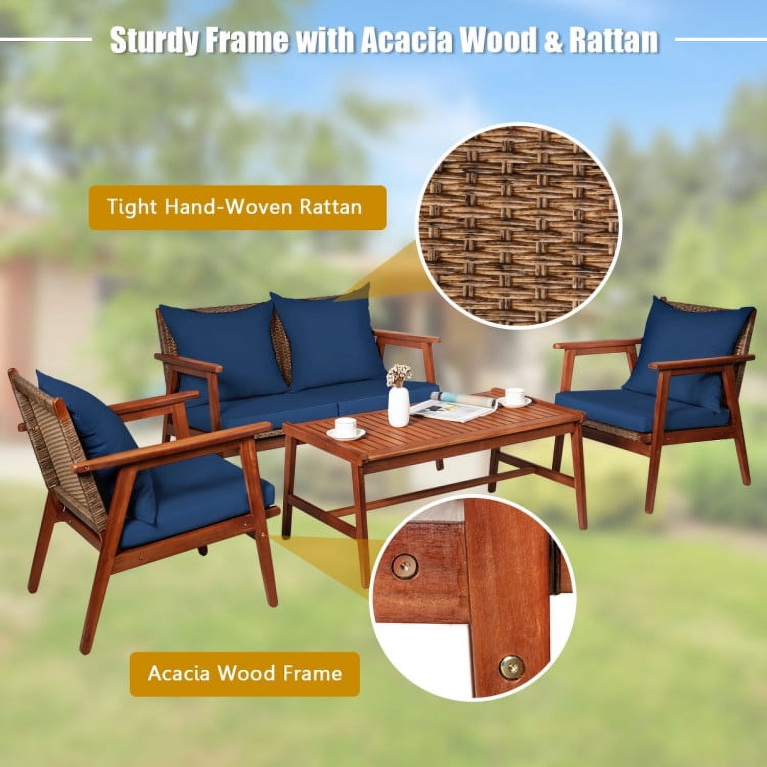 Aimee Lii 4 Pieces Patio Wicker Rattan Furniture Set for Lawn Backyard, Acacia Wood Patio Outdoor Patio Furniture, Navy