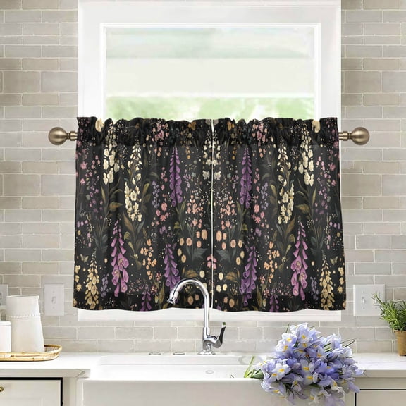 Yayeee Kitchen Curtains Tier Pair Light Filtering 27"x24" Rod Pocket Short Cafe Window Panel, Purple Floral Pattern