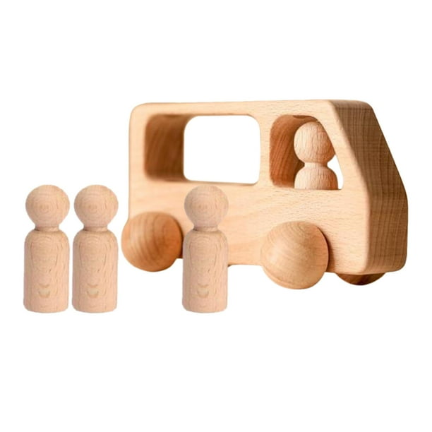 Juguetes de autobús Montessori,Juego de coche de madera con 4 figuras de personas,Juguete educativo de autobús de bloques de coche de madera Montessori, pequeños Vehículos de madera