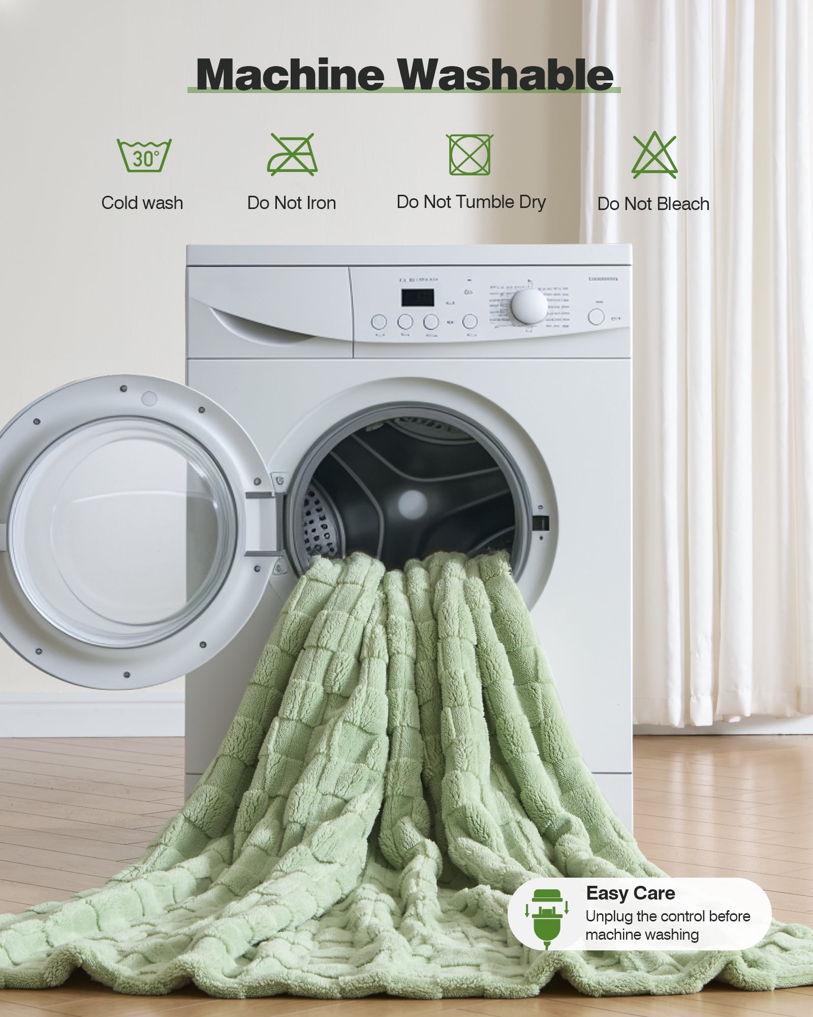 50" × 60" Heated Throw Blanket — 9 Heat Levels, 1–10H Timer, Fast Even Warming Electric Blanket Throw, Machine Washable — Green & Gray