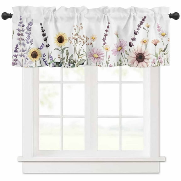 Window Treatment Valance Curtain, Sunflower Lavender Pink Flower Shade Short Curtain for Kitchen Bathroom Living Room Bedroom Privacy Rod Pocket Drapes 54" W x 18" L 1 Panel