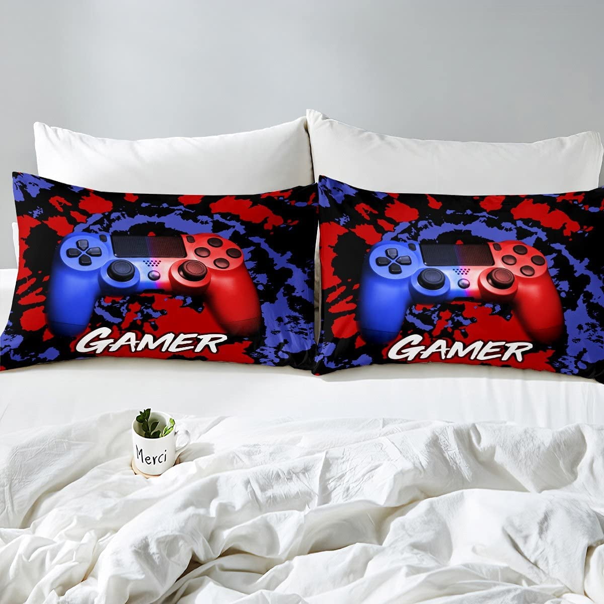 Drap housse Garcon Gamer Enfants Filles Bleu Rouge Tie Dye Ensemble de Draps Adolescents Jeunes Hommes Joueur Jeu Video Parure de Lit Manette de Jeu Housse de Lit Decor Lumineux Chambre Simple Taille ...