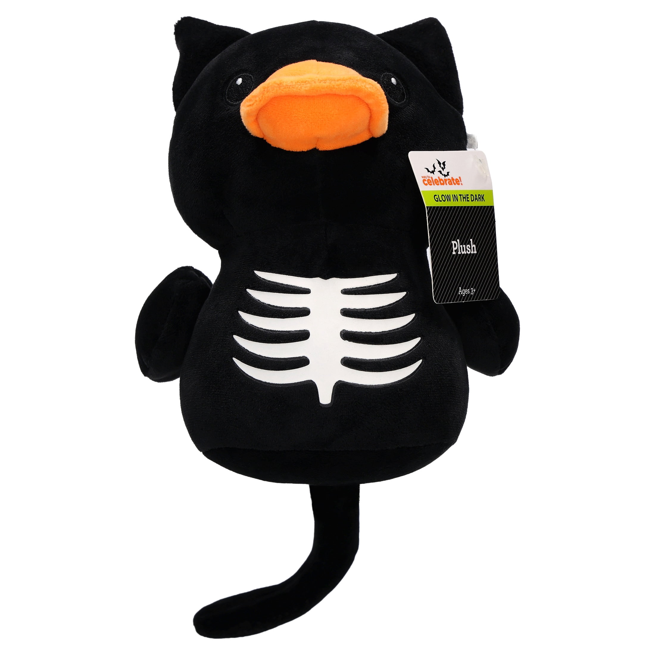 Glow-in-the-Dark Skeleton Cat Duck Plush, Black and White, 7.7", Halloween by Way To Celebrate