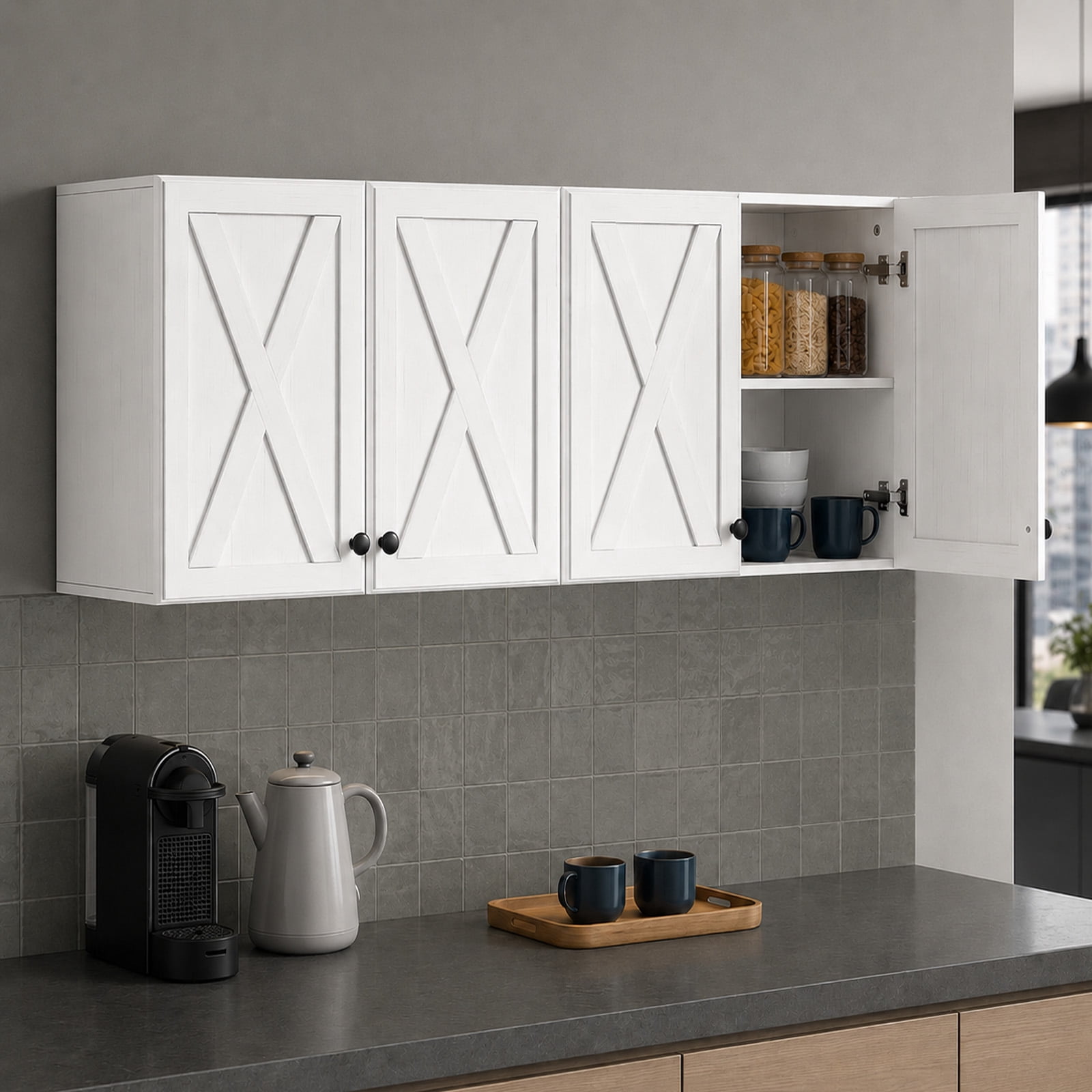 POLIHOME Farmhouse Kitchen Wall Mounted Storage Cabinets with Doors and Shelves, Laundry Room Wall Cabinets Set of 2