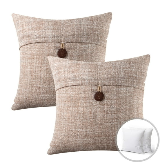 Farmhouse Button Series Outdoor Decorative Throw Pillow, 18" x 18", Beige, 2 Pack