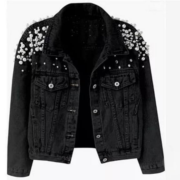 Heisall Women's Denim Jackets Heavy Work Rhinestone Embellished Short Long Sleeve Pearl Decorated Casual Jacket, Casual Fashion