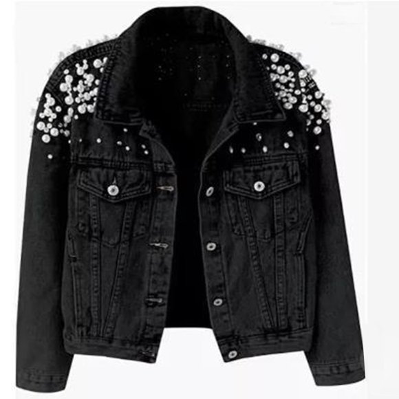 Mceream Women's Jean Jacket Embroidered Rivet Pearl Short Denim Jacket Coat Plus Size Outwear Chaqueta Jeans Para Mujer Black XL
