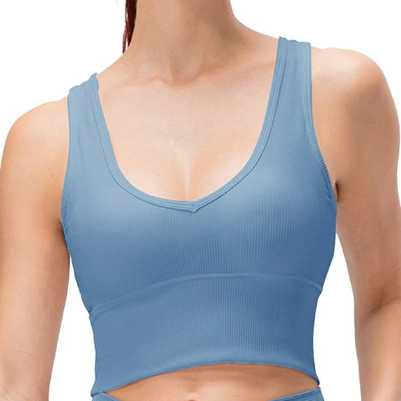 Womens Reversible Sports Bra Padded Crop Tank Tops Workout Yoga Bra with Removable Pads - Blue