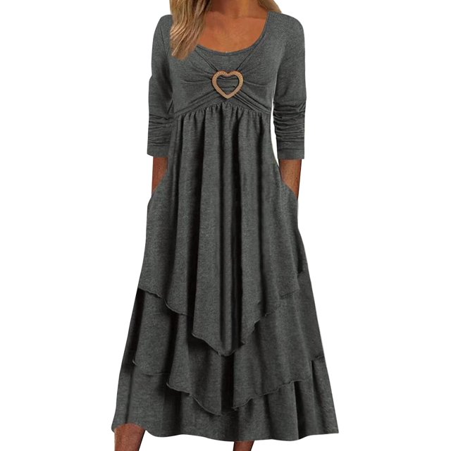 Robes de Printemps pour Femmes Décontractées Manches 3/4 Longue Robe Évasée Basique Plage Vacances Travail Maxi Robe 2025