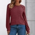 thumbnail image 2 of Trendy Tops for Women with Buttons Ribbed Knit Sweater Hollow-Out Lace Raglan Long Sleeve Crewneck Plain Pullover (M, Wine), 2 of 6