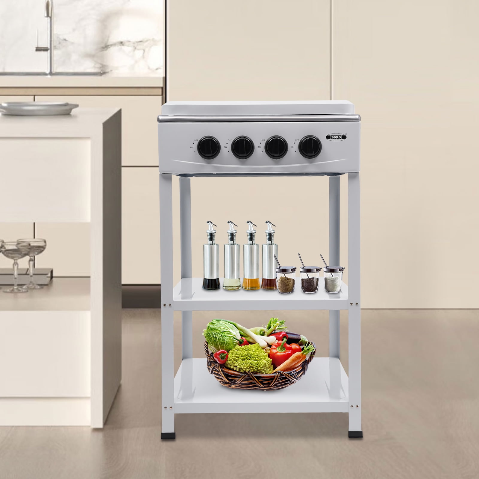 4 Burner Propane Gas LNG Fuel Camping Stove Stainless Steel Outdoor Cooker with 2 Storage Shelves White