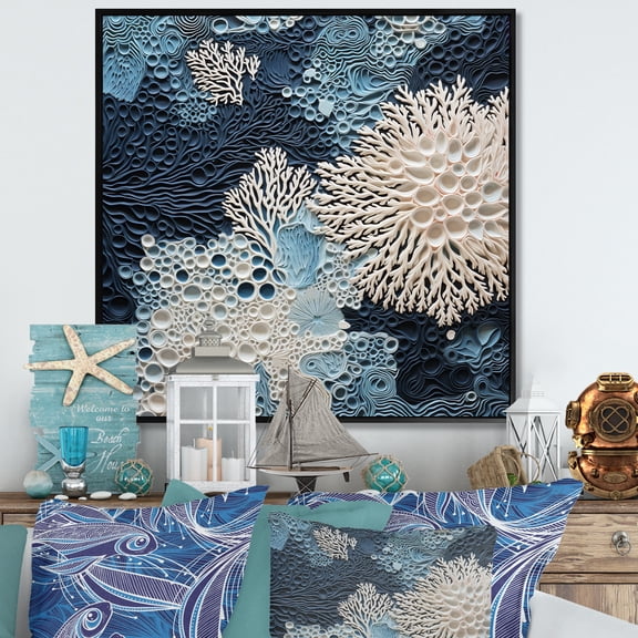 Designart "Collage Of Blue And White Underwater Corals" Coastal Floater Framed Canvas Wall Art