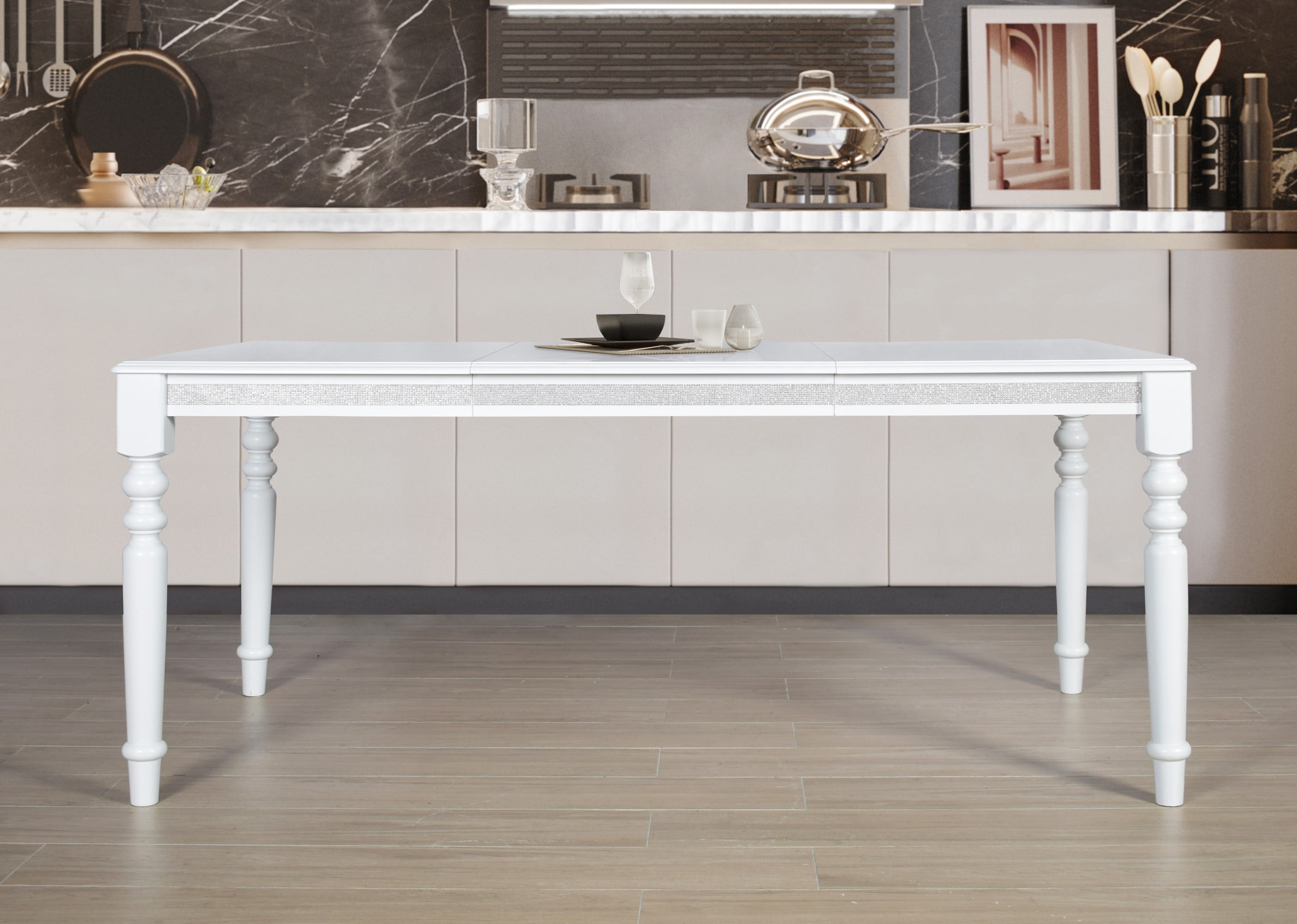 Home Design Reston Dining Table, White, Rectangular top, Turned legs, Rhinestone accents, Modern luxury design, Sturdy construction, Eye-catching centerpiece