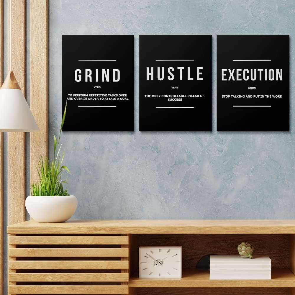 GUBIYU Hustle Grind Execution Wall Art Set of 3 Framed Canvas Black Motiviational Wall Art Home Office Wall Decor Inspirational Positive Quotes Posters Success Entrepreneur Gifts for Mens Guys 12"x16"