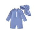 thumbnail image 2 of 2Pcs Baby Boys Rash Guard Swimsuit, Long Sleeve Striped One-Piece Bathing Suit with Sun Hat, UPF 50+ Infant Swimwear, 2 of 10