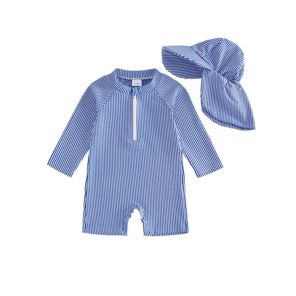 Baby Boys Swimsuit Seersucker Long Sleeve One Piece Zipper Bathing Suit Rash Guard Swimwear Sunsuit