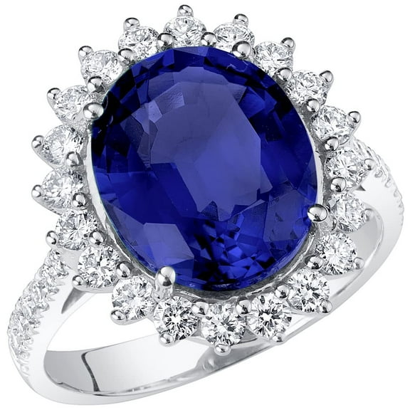 PEORA 14K White Gold Created Blue Sapphire and Lab Grown Diamond Ring for Women, 8 Carats Total, 12x10mm Oval Shape, Size 9.5