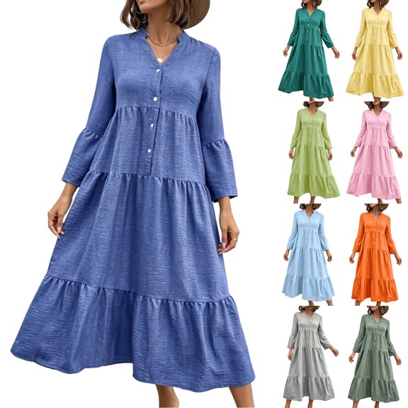 CIENVNSTG Summer Dresses for Women 2026 Vacation Long Sleeve Maxi Dress V Neck Button Down Flowy Tiered Ruffle Shirt Dress Summer Casual Long Dresses Green L