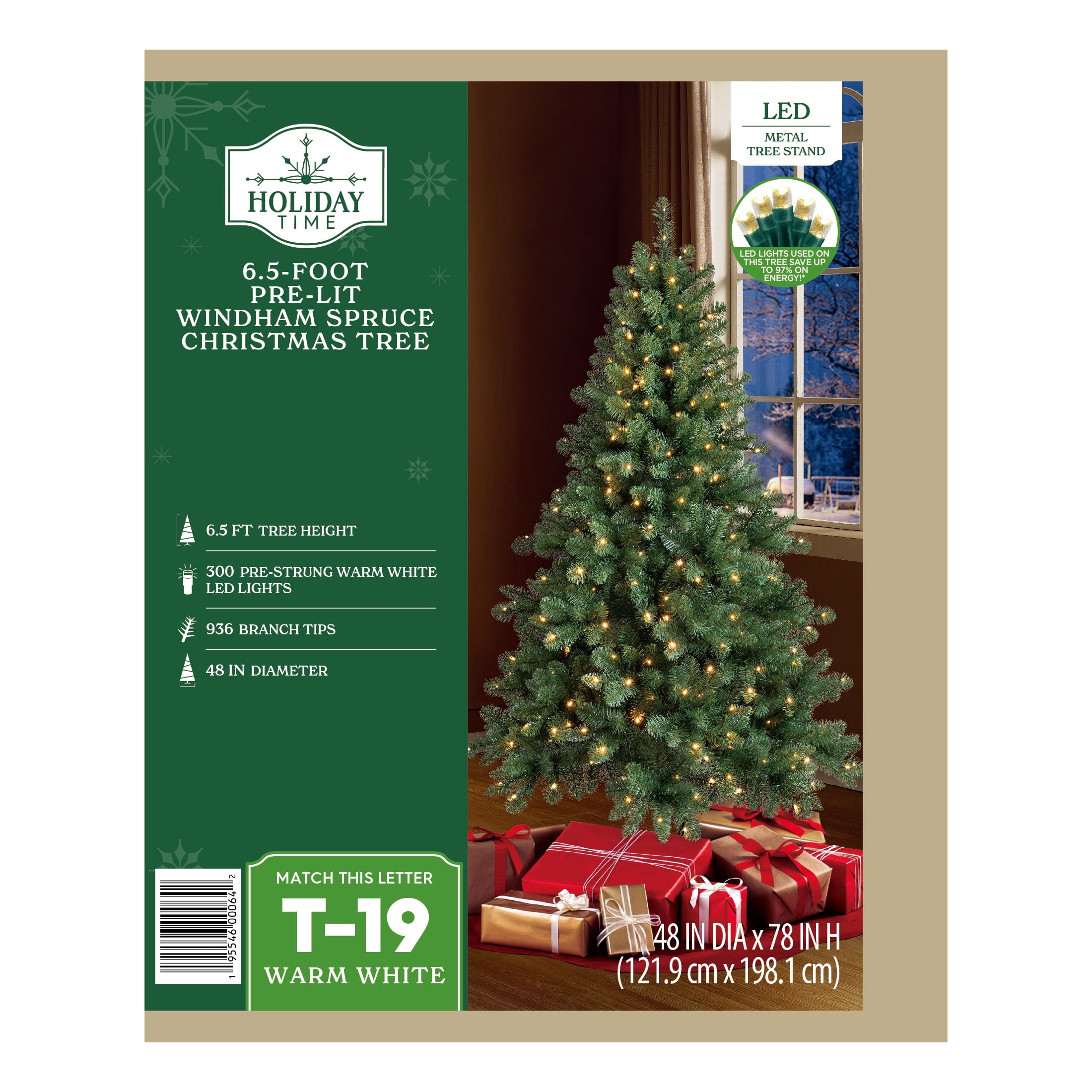6.5' Pre-Lit Windham Spruce Green Artificial Christmas Tree with Warm White LED Lights, by Holiday Time